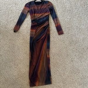 Tie Dye Ruched Detail Mesh Midi Dress